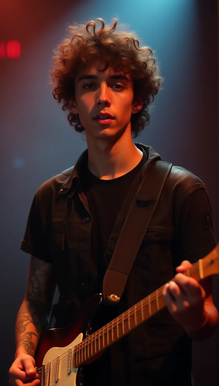 Image Close-up of 1 sexy young_adult white boy and man, curly brown hair, medium length, casually tousled hairstyle, slim build, expressive brown eyes, tattooed arm, wearing a ripped black t-shirt and a vintage leather jacket, stands confidently on a vibrant city stage, spotlight illuminating his expressive face, guitar in hand, ready to strum a chord. Stage smoke.