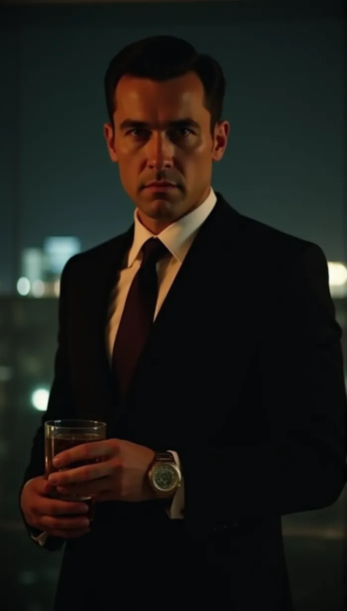 Image A sexy mid_adult white man, short dark hair, slicked back, strong jawline, intense eyes, wearing a well-tailored black suit, white dress shirt, dark silk tie, and a gold watch, stands confidently in his high-rise office overlooking a cityscape at night, holding a glass of whiskey, intense gaze, cinematic lighting, film noir style, close-up.