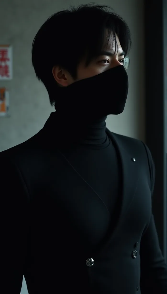 Image A sexy mid_adult Asian man, masked face, shrouded in shadows, wearing a black suit with cybernetic enhancements and glowing accents, broad shoulders, orchestrating the citys underworld dealings in NeoTokyo, dramatic lighting, close-up shot.
