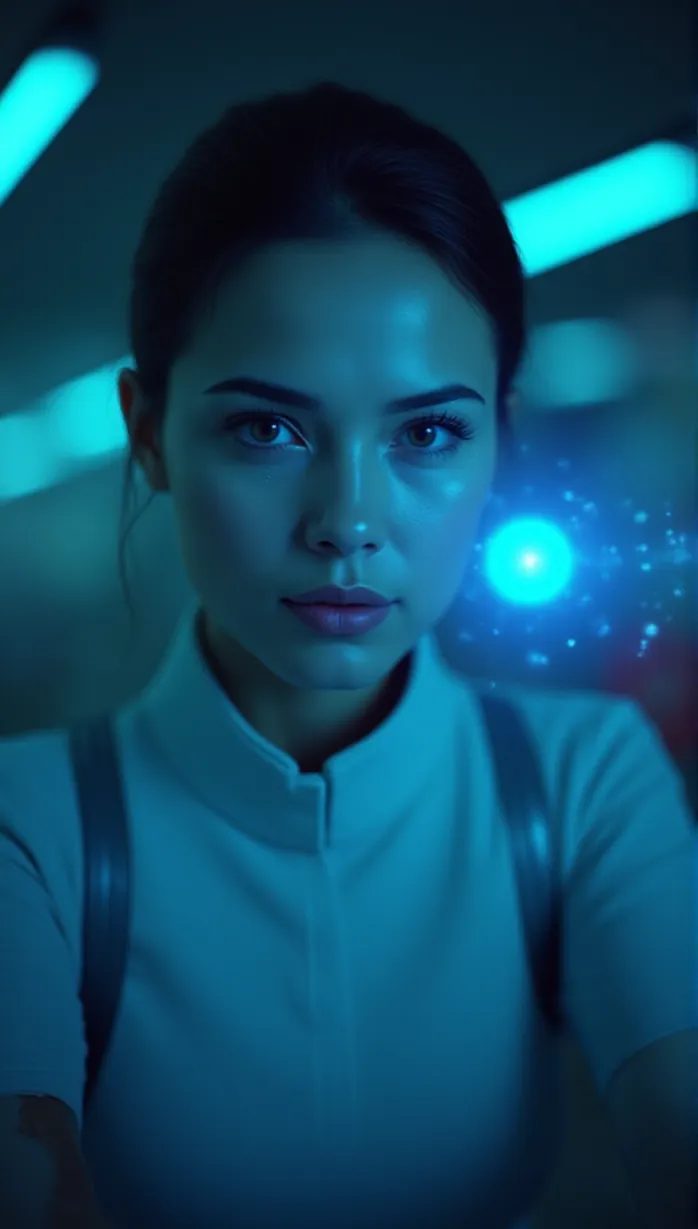 Image Close-up of A sophisticated AI system, holographic interface, emitting blue light, displaying real-time data streams and strategic maps, complex algorithms, sleek design, digital display, subtle glow, neon-lit convenience store background, intense focus, science fiction movie poster.