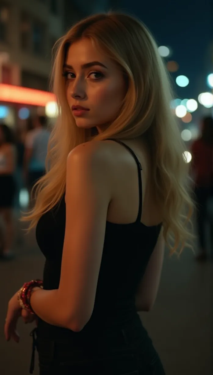 Image female, young adult, blonde hair, long hair, broken arm, fair skin, athletic body, torn clothes, suggestive pose, looking away, sidelong glance, arm up, seductive smile, mysterious, city at night, magical aura, detailed, masterpiece, best quality