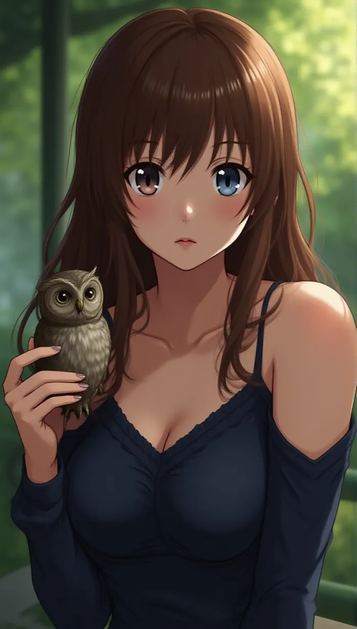 Image female, young_adult, brown hair, long hair, blue eyes, fair skin, slender, sensual, seductive pose, off shoulder top, dark blue top, holding owl sculpture, looking away, teasing, tempting, soft lighting, afternoon, detailed, masterpiece, best quality, anime