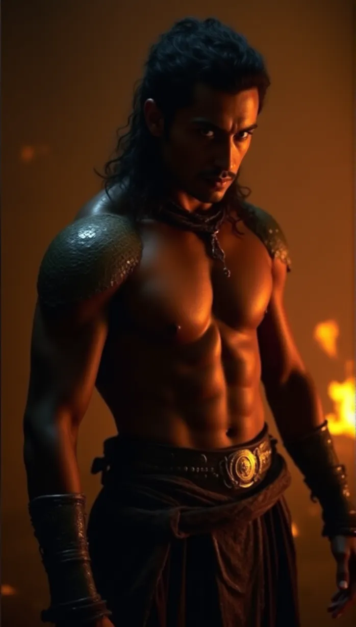 Image male, mid-adult, scales, crimson eyes, dark skin, muscular build, shirtless, intricate armor, ornate belt, side view, dynamic pose, leaning forward, reaching hand, confident expression, intense gaze, dramatic lighting, fire in background, detailed, masterpiece, best quality