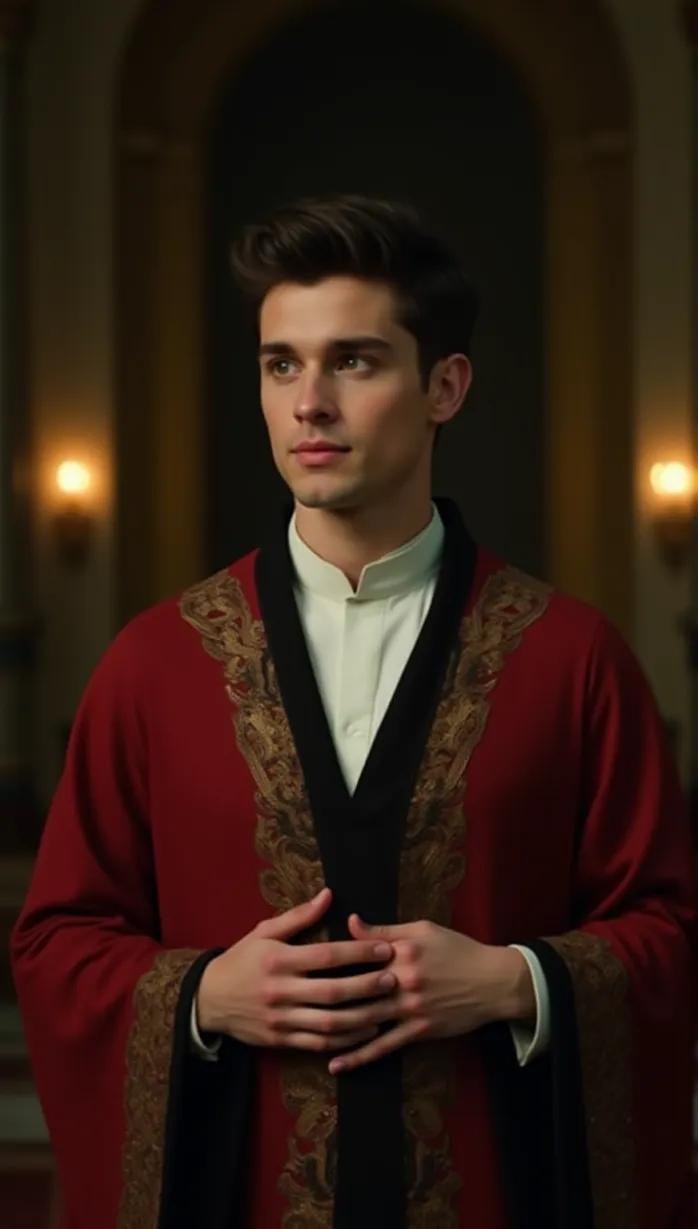 Image male, young_adult, short hair, brown eyes, fair skin, athletic build, priestly robes, gold accents, holding a holy book, seductive smile, looking away, hands on chest, soft lighting, temple interior, detailed, masterpiece, best quality