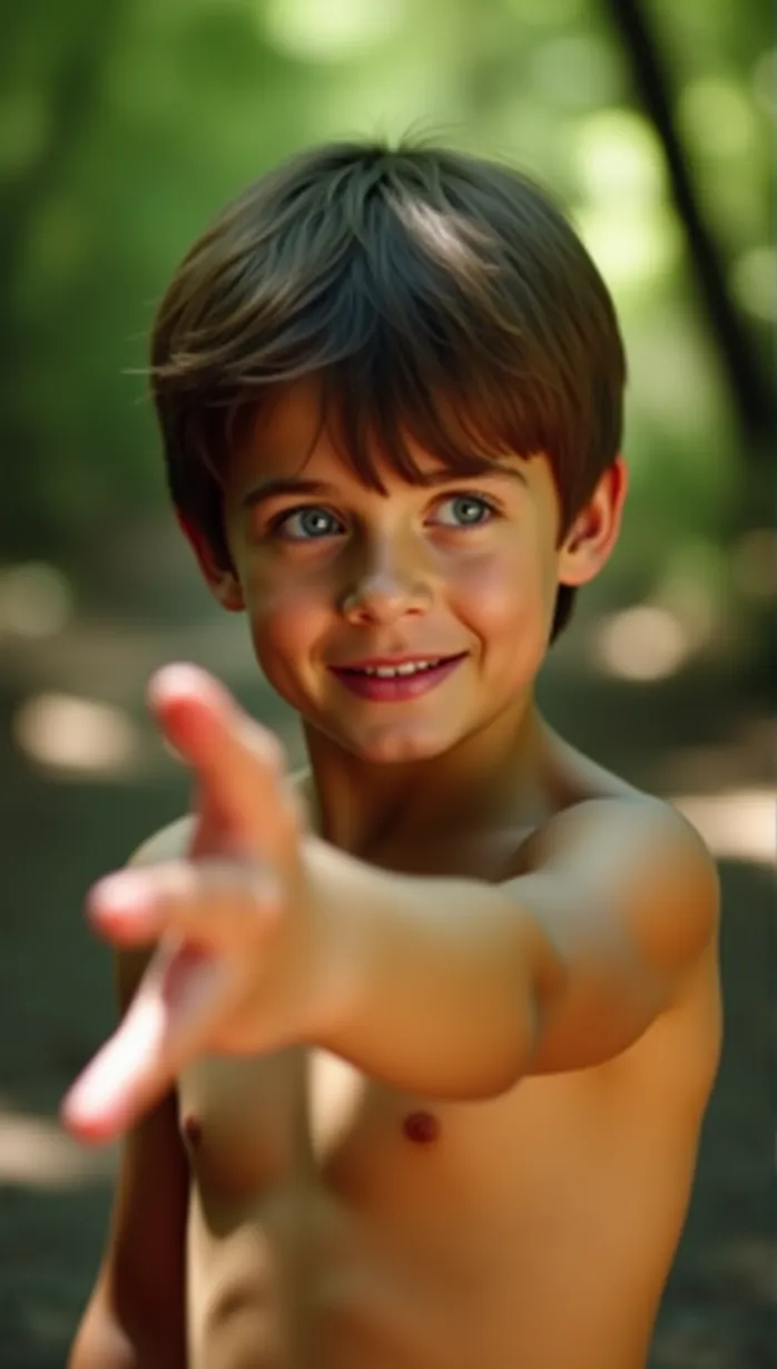 Image male, child, athletic build, short brown hair, blue eyes, fair skin, shirtless, visible abs, reaching, looking away, playful expression, bright sunlight, outdoors, forest, masterpiece, best quality, detailed