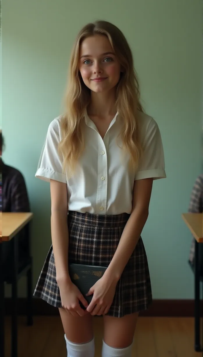 Image upper body, solo, female, teen, long hair, blonde hair, blue eyes, pale skin, slender, school uniform, plaid skirt, white shirt, knee-high socks, holding a book, shy smile, looking away, blush, nervous, soft lighting, indoors, classroom, detailed, masterpiece, best quality