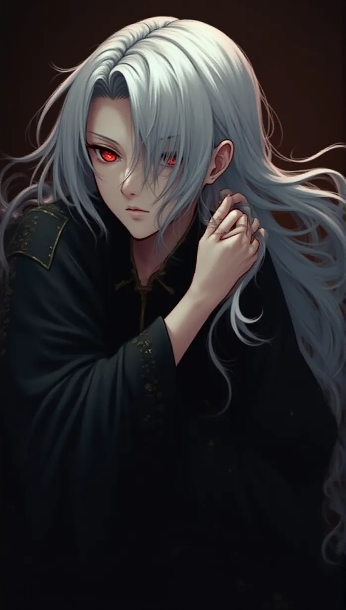 Image male, mid-adult, dramatic, confident, pale skin, long flowing white hair, red eyes, slender build, intricate outfit, dark clothing, seductive pose, looking away, hands up, dark magic, detailed, masterpiece, best quality, seductive lighting, shadows, indoors, elegant setting, anime