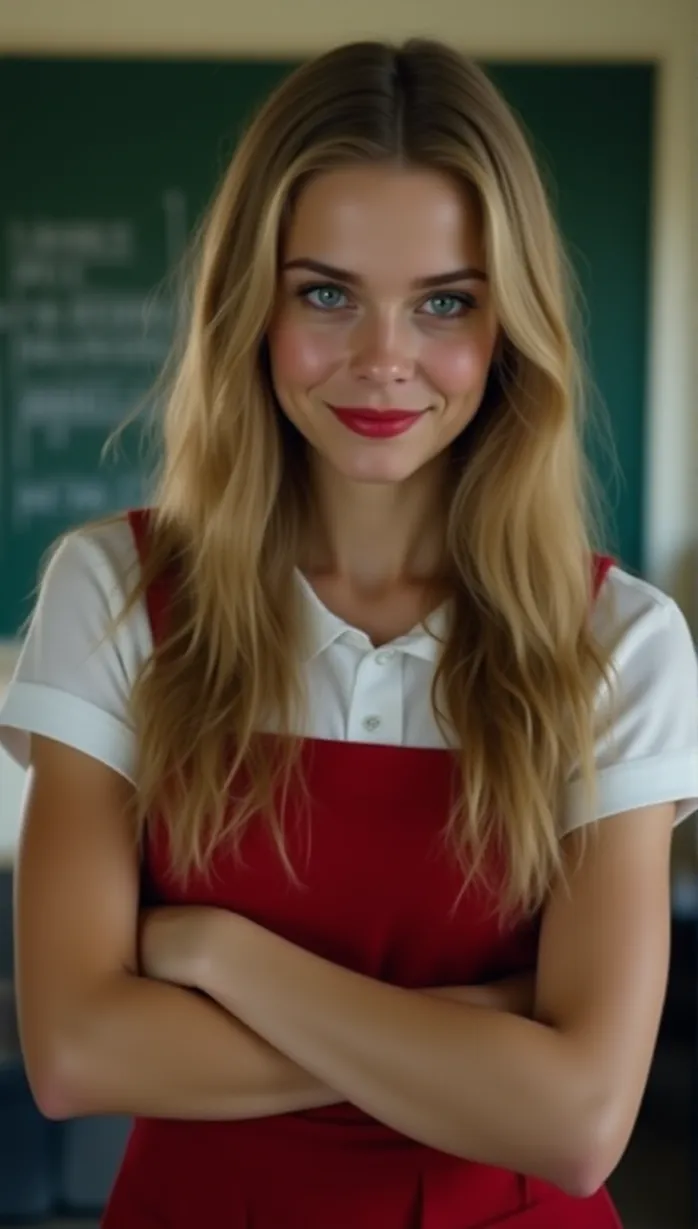 Image female, teen, long hair, blonde hair, blue eyes, fair skin, slender, school uniform, red and white color scheme, smirk, evil smile, arms crossed, looking away, indoor, classroom, day, soft lighting, masterpiece, best quality, detailed, seductive