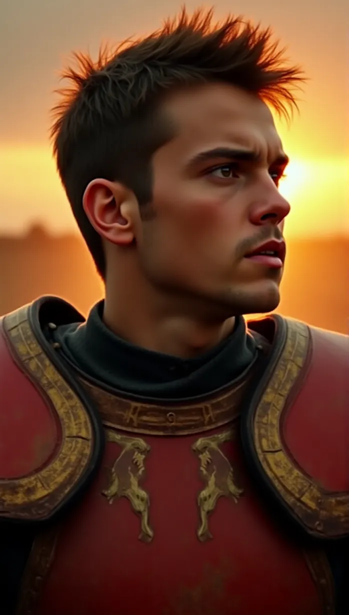 Image male, young adult, armor, battle armor, red and gold color scheme, angry, determined, looking away, dramatic lighting, sunset, battlefield, masterpiece, best quality, detailed