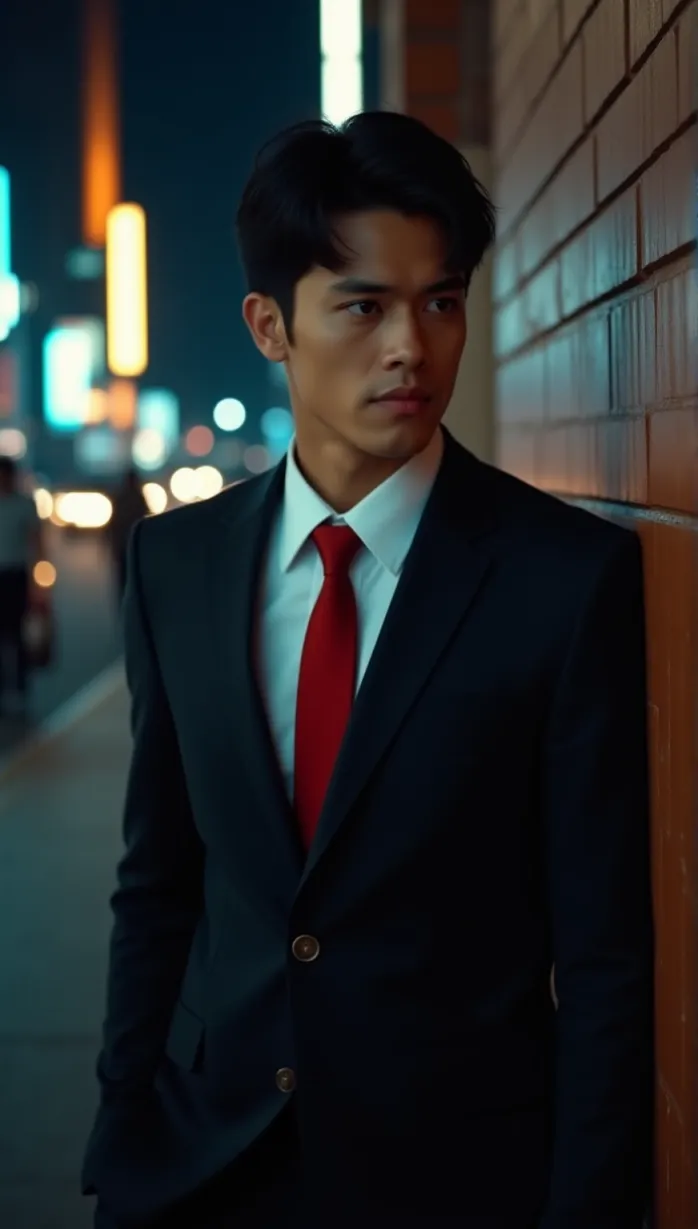 Image male, young adult, short black hair, grey eyes, tan skin, muscular build, business suit, red tie, serious expression, looking away, leaning against wall, hands in pockets, city at night, neon lights, dramatic lighting, masterpiece, best quality, detailed, seductive, tempting, alluring