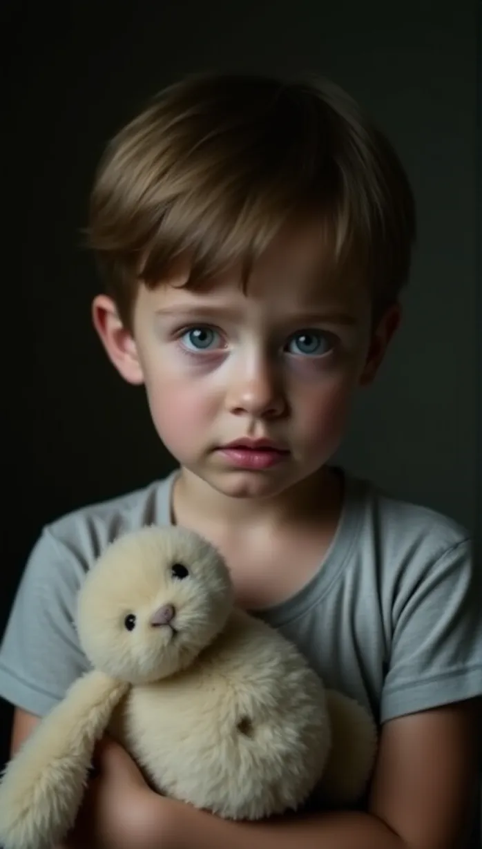 Image male, child, innocent, short brown hair, blue eyes, fair skin, skinny, holding a stuffed rabbit, looking away, tears, sad, distressed, wearing a simple t-shirt, indoors, soft lighting, detailed, masterpiece, best quality, solo