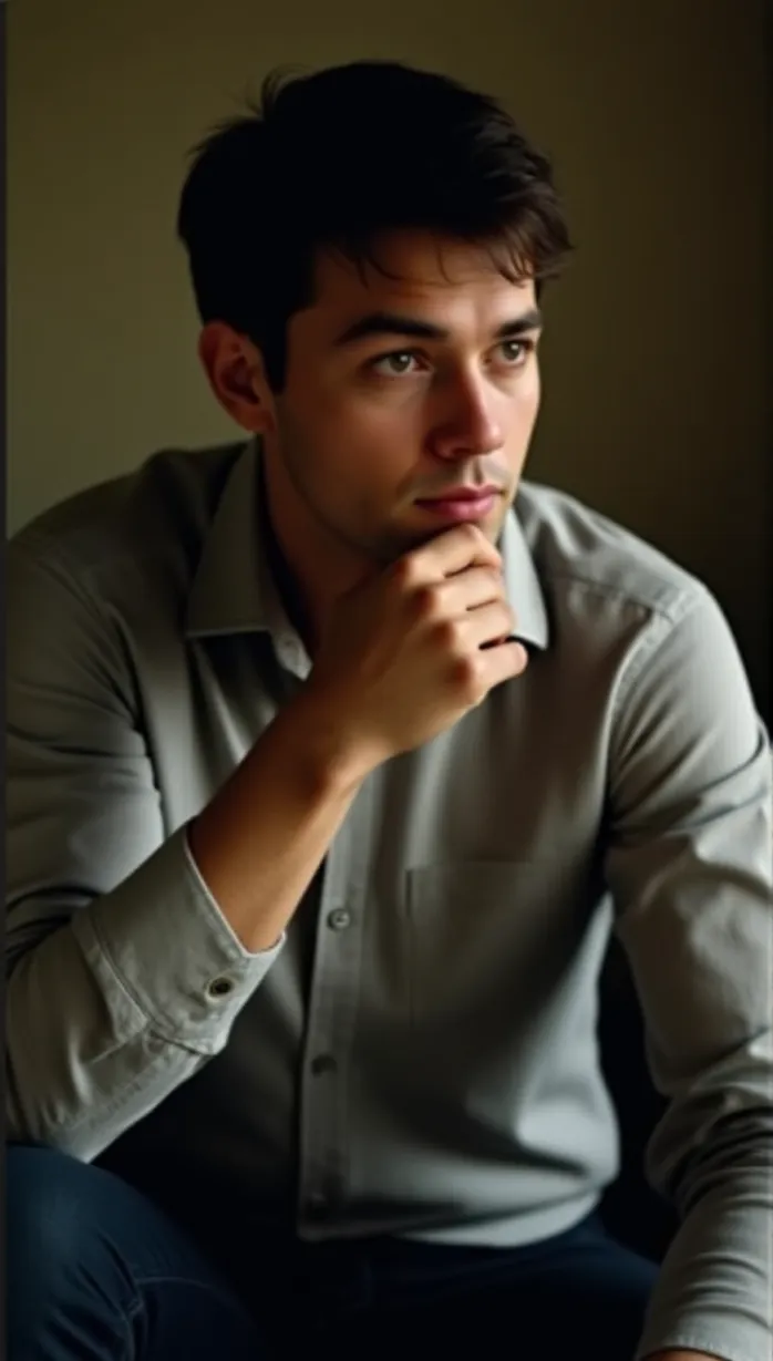 Image male, mid-adult, concerned, short hair, brown eyes, light skin, average build, button-down shirt, dark pants, hand on chin, looking away, indoor, soft lighting, masterpiece, best quality, detailed