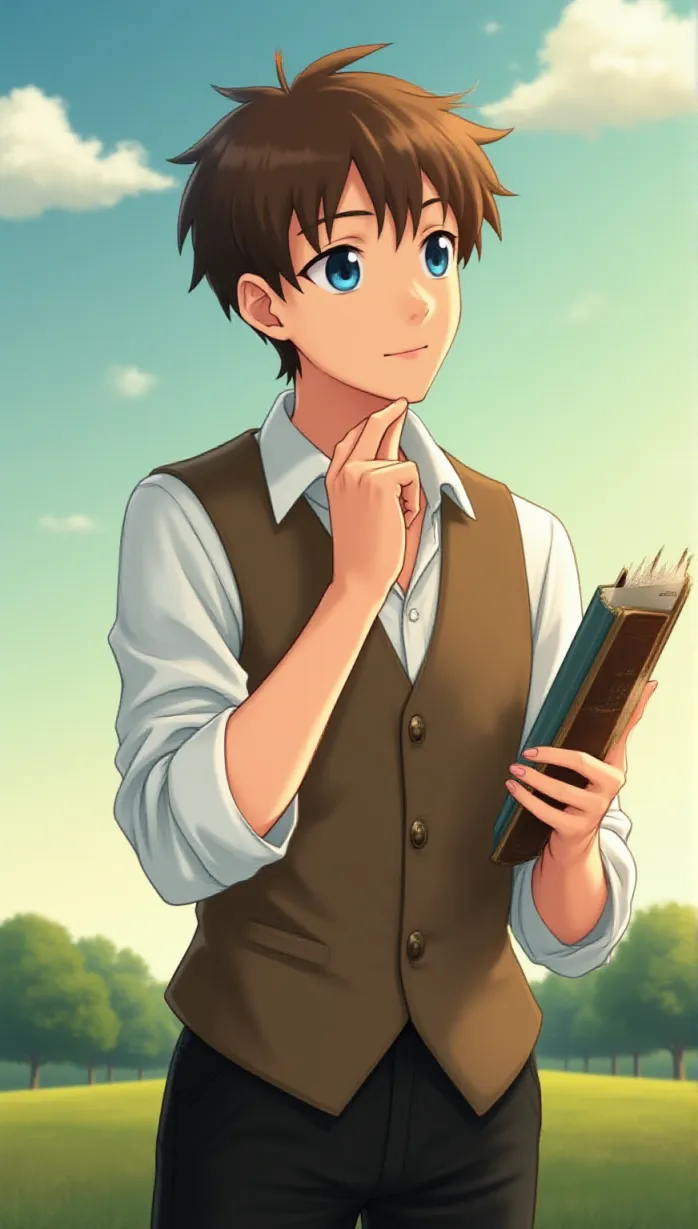 Image male, young_adult, brown hair, blue eyes, fair skin, athletic body, white shirt, brown vest, black pants, holding a book, looking to the side, thoughtful expression, gentle smile, soft lighting, daytime, countryside, detailed background, masterpiece, best quality, detailed, anime