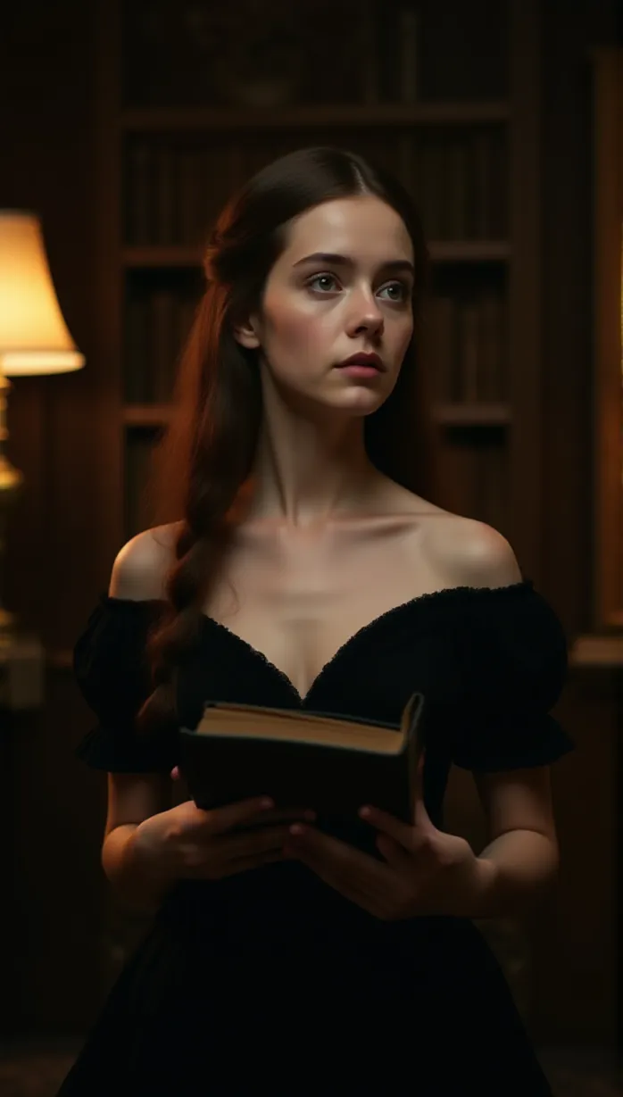 Image female, young_adult, long brown hair, side braid, green eyes, pale skin, slender body, victorian dress, off-shoulder, black dress, holding a book, pensive, looking away, dramatic lighting, dusk, library, fireplace, detailed, masterpiece, best quality