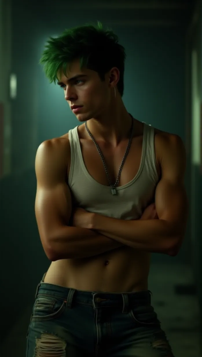 Image male, boy, young, green hair, green eyes, tan skin, slim body, sleeveless shirt, ripped jeans, tattered clothing, chain necklace, looking away, sensual, suggestive pose, leaning forward, arms crossed, dramatic lighting, post-apocalyptic setting, underground city, detailed, masterpiece, best quality