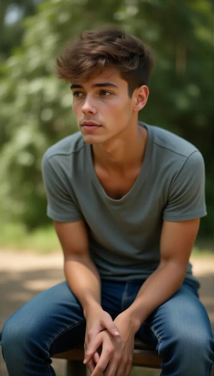 Image male, young_adult, short hair, brown eyes, tan skin, athletic build, casual outfit, jeans, t-shirt, outdoors, sitting on a bench, looking away, thoughtful expression, sunlight, daytime, masterpiece, best quality, detailed