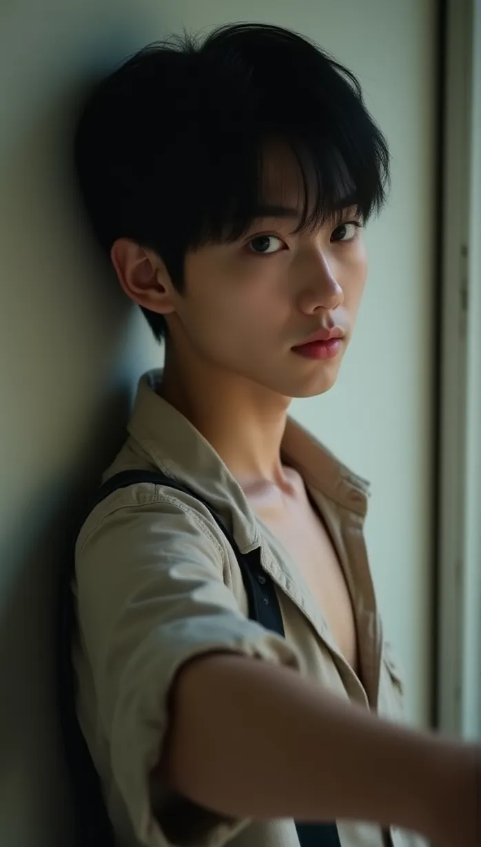 Image male, teen, black hair, black eyes, pale skin, slender build, school uniform, open shirt, looking away, reaching, seductive pose, soft lighting, daytime, detailed, masterpiece, best quality