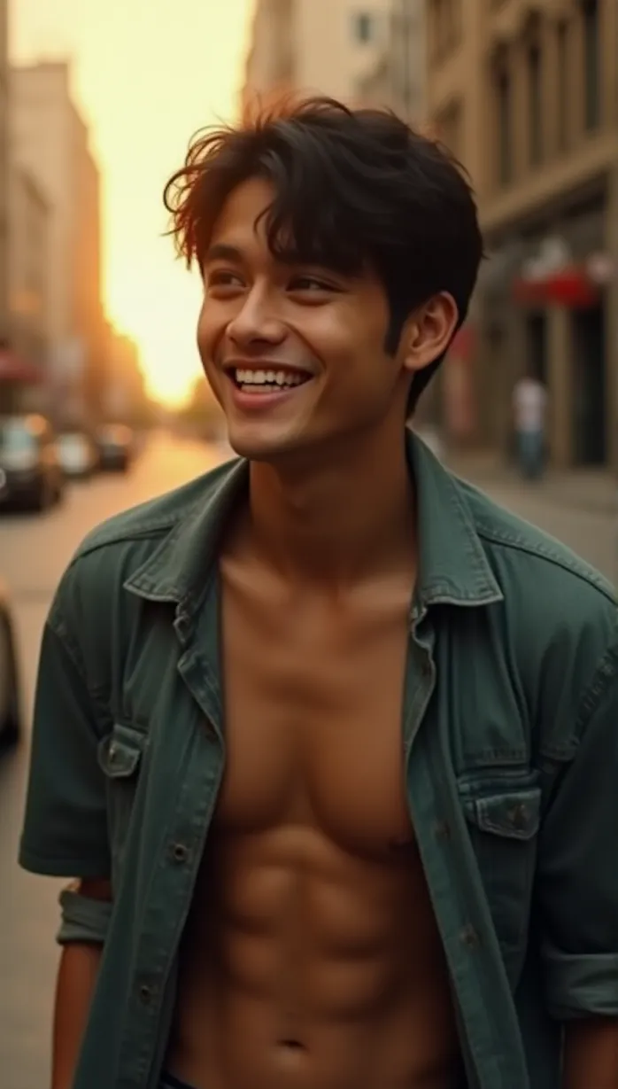 Image male, young_adult, black hair, black eyes, asian skin, athletic build, open shirt, casual outfit, smile, seductive expression, hands up, looking away, sunset, city street, urban, masterpiece, best quality, detailed
