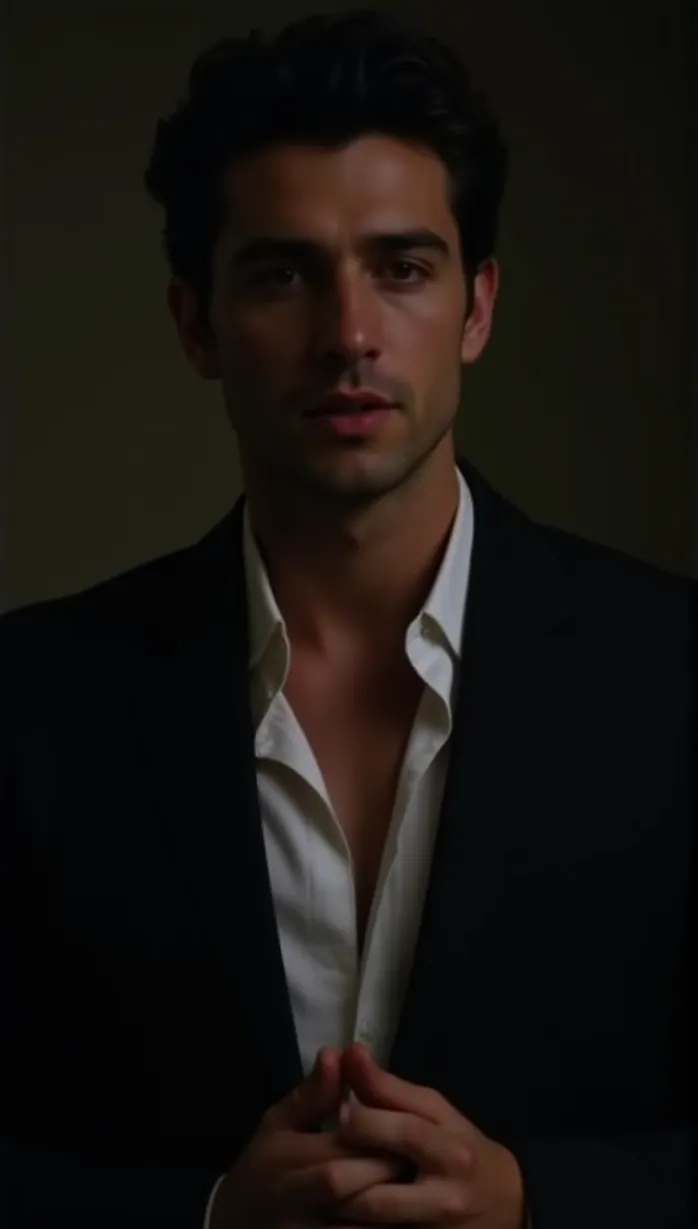 Image male, young_adult, detailed, masterpiece, best quality, seductive gaze, upper body, formal suit, open collar, confident, hands clasped, night, indoor, ambient lighting, dark background, mysterious atmosphere, tempting, alluring, seductive, provocative
