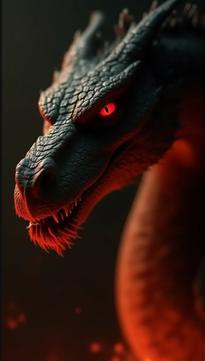 Image male, dragon, scales, red eyes, colossal, side view, menacing expression, powerful, looking away, upper body, fire, dramatic lighting, detailed, masterpiece, best quality