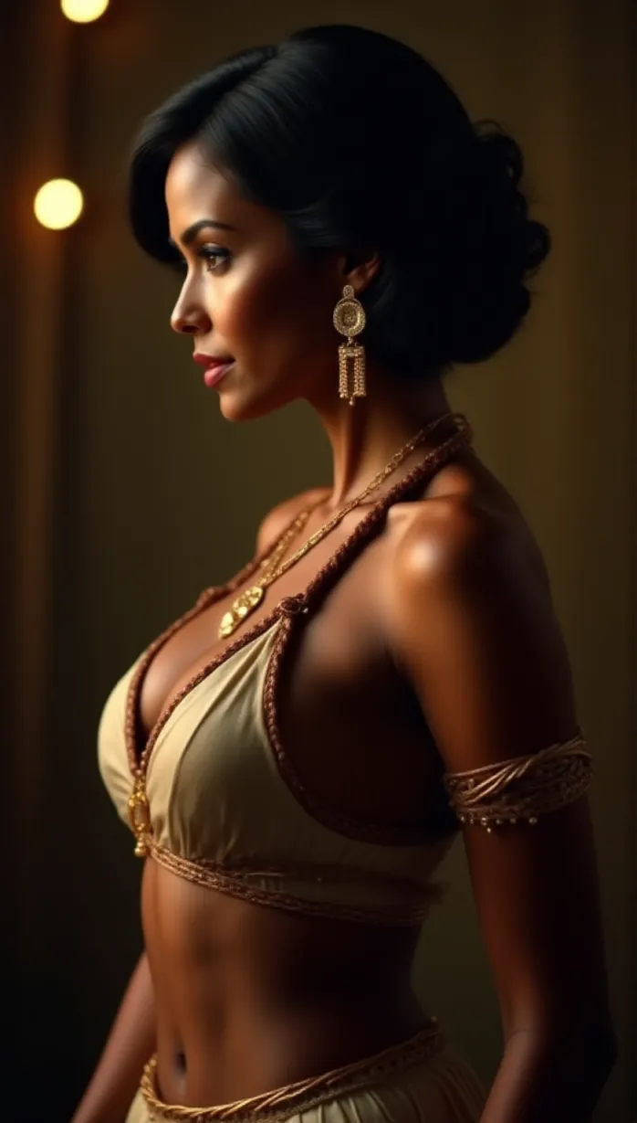 Image female, 61 years old, dark skin, short hair, big hips, gold jewelry, golden bracelets, golden earrings, tempting pose, side view, sensual, looking away, cleavage, gypsy outfit, detailed, masterpiece, best quality, soft lighting, mysterious, fortune teller's tent, bokeh