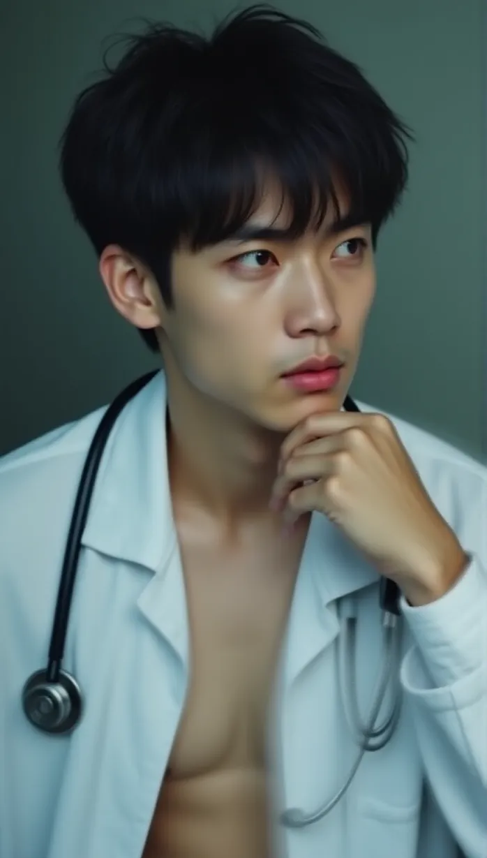 Image male, young_adult, black hair, brown eyes, fair skin, athletic build, white medical coat, stethoscope, serious expression, looking away, hand on chin, indoor, medical college, detailed, masterpiece, best quality, temptation, sensual, seductive