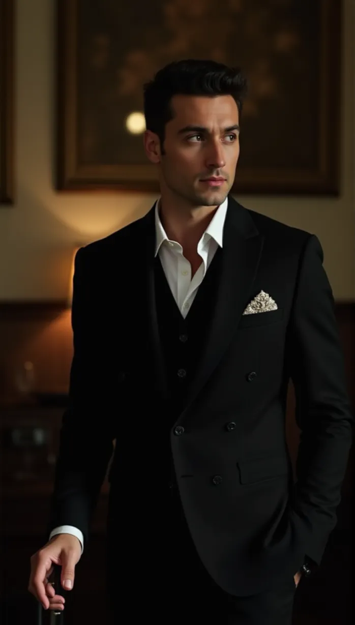 Image male, mid-adult, stern expression, looking away, holding a cane, formal suit, serious, dramatic lighting, restaurant interior, disappointment, masterpiece, best quality, detailed, seductive lips