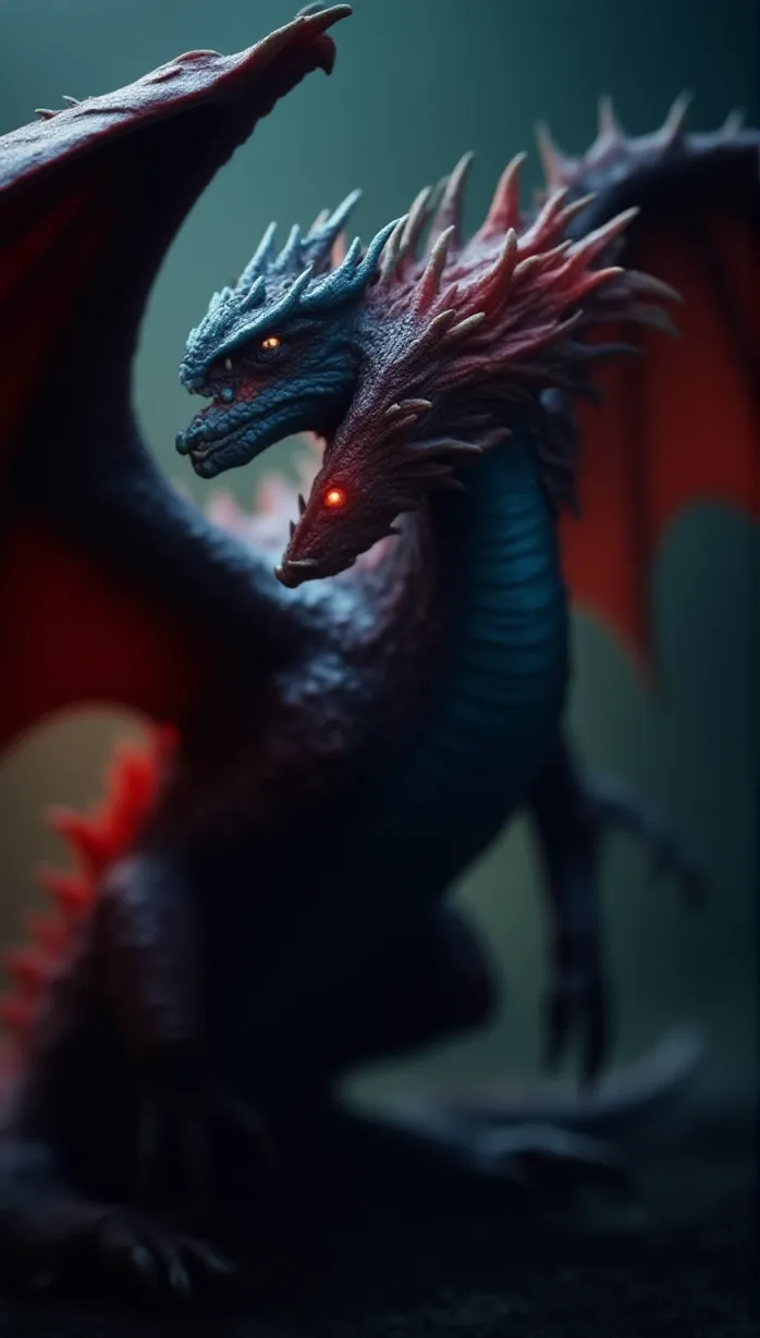 Image dragon, solo, red dragon, blue dragon, scales, sharp claws, serpentine body, powerful build, majestic, wings spread, curved pose, dynamic angle, glowing eyes, intense gaze, looking away, detailed wings, detailed scales, fantasy, intricate details, masterpiece, best quality, detailed, dramatic lighting