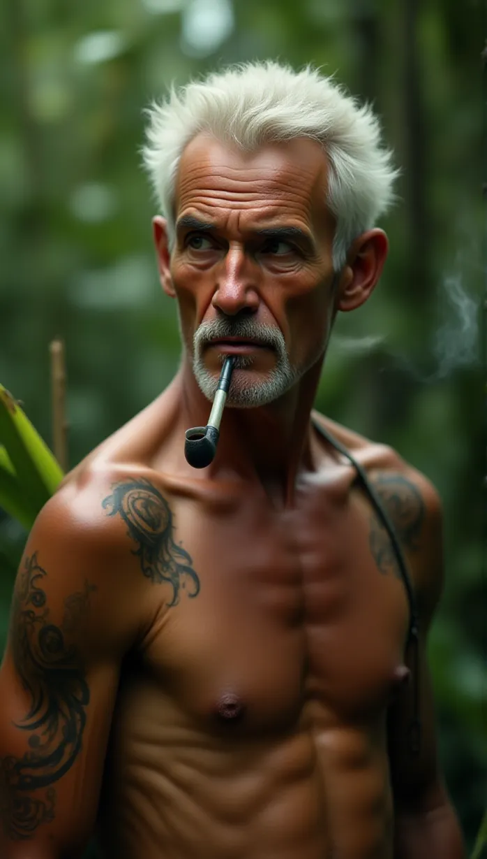 Image male, old, aged face, white hair, squinting eyes, tan skin, muscular build, shirtless, tribal tattoos, smoking a plant, holding a pipe, looking away, side view, natural lighting, sunny day, jungle background, detailed, masterpiece, best quality