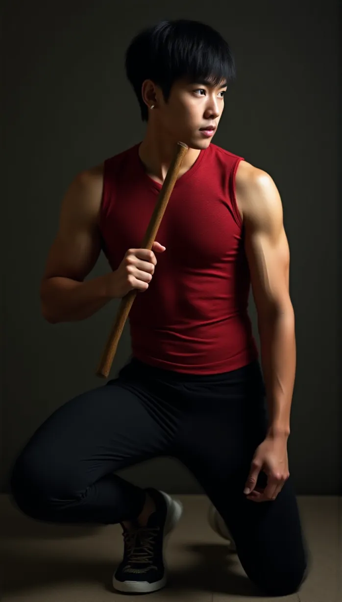 Image male, young_adult, short black hair, black eyes, athletic, red dragon scale compression shirt, black pants, sneakers, holding a wooden stick, looking away, seductive pose, confident, dramatic lighting, action pose, training ground, detailed, masterpiece, best quality