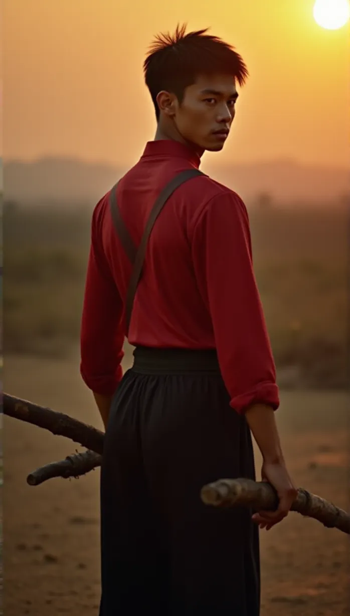 Image male, young_adult, short black hair, black eyes, asian skin, muscular body, red dragon scale long sleeve shirt, black pants, sneakers, holding wooden stick, looking away, confident, sunset, training ground, masterpiece, best quality, detailed, dynamic pose, action