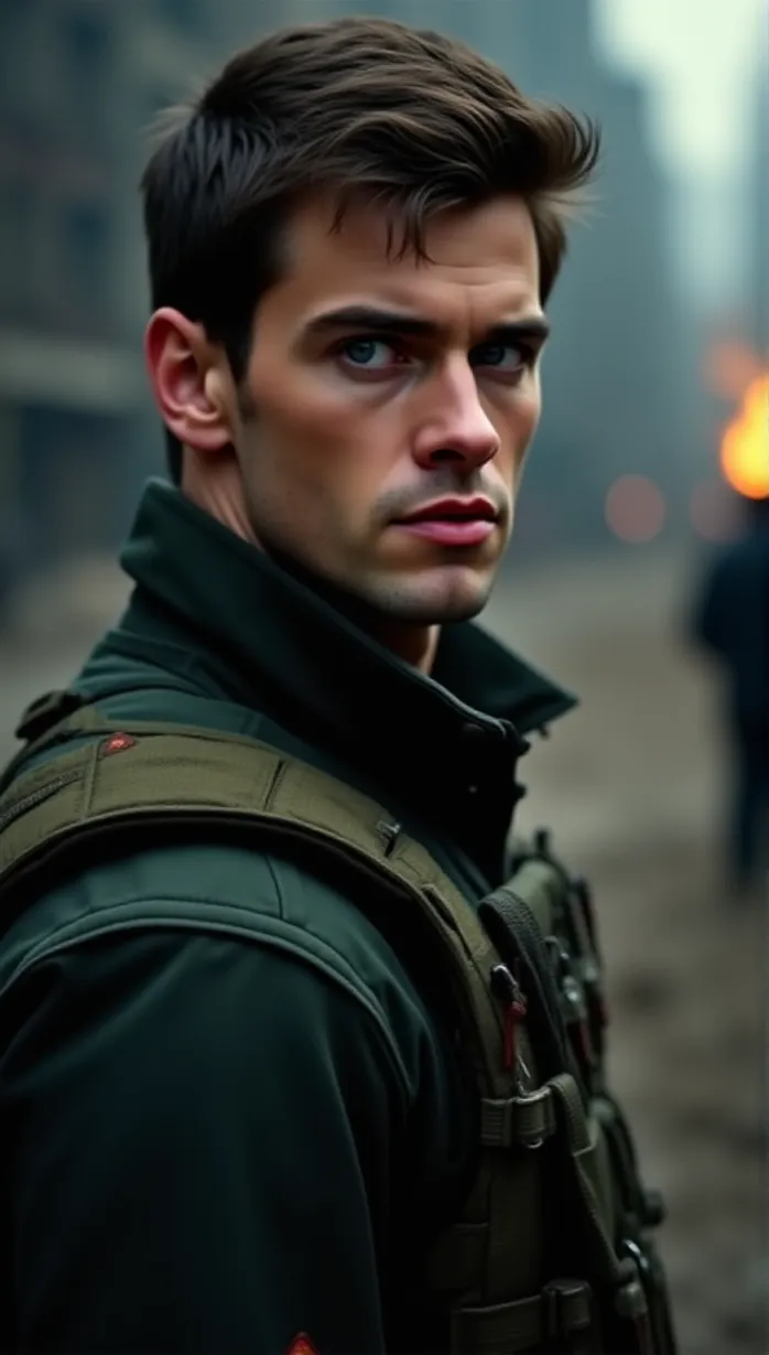 Image male, young_adult, brown hair, short hair, blue eyes, dark skin, muscular build, marine uniform, military jacket, tactical vest, holding a weapon, serious face, focused, looking to the side, intense lighting, dramatic shadows, war zone, destroyed city, detailed, masterpiece, best quality