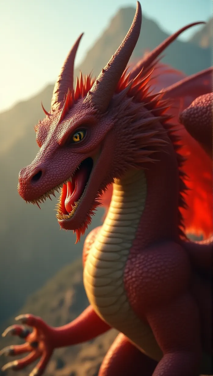 Image male, dragon, red scales, large, majestic, detailed wings, intimidating gaze, dynamic pose, strong build, afternoon sunlight, mountain peak, masterpiece, best quality, detailed