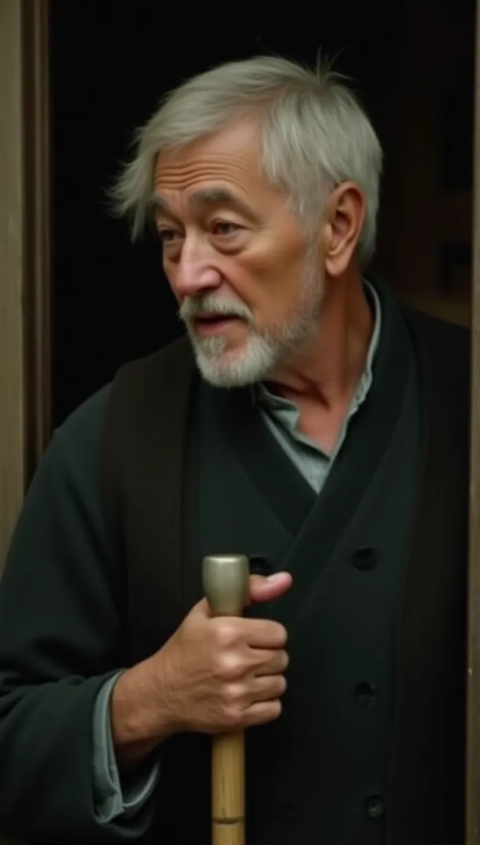 Image male, old, short white hair, light skin, wrinkled, standing, looking_sideways, thinking, holding_cane, traditional_clothing, intricate_details, masterpiece, best quality, detailed, soft lighting, indoors, afternoon