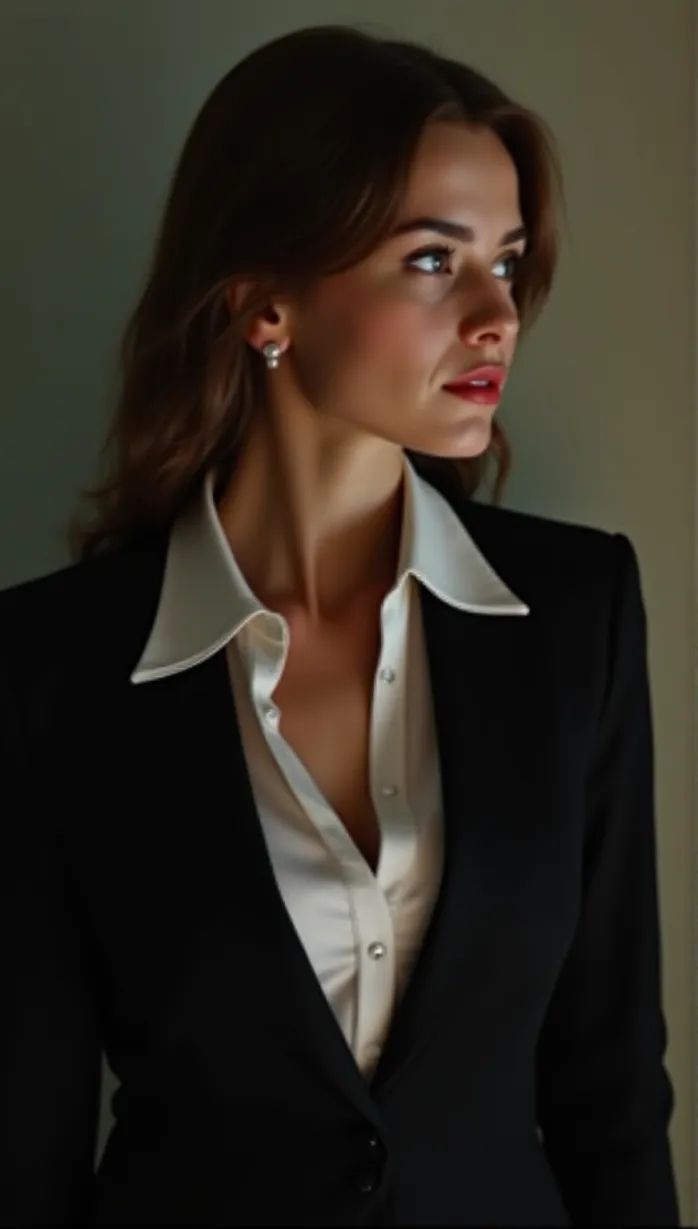 Image female, young_adult, brown hair, office lady, business suit, black suit, open blouse, revealing, seductive, looking away, hand on chest, seductive pose, office, bright, detailed, masterpiece, best quality