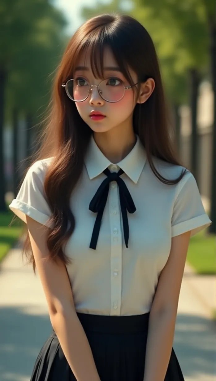 Image upper body, female, young adult, long hair, brown hair, brown eyes, fair skin, slender, college uniform, pleated skirt, white shirt, black tie, glasses, blushing, shy, thoughtful, looking away, hand on chest, sunlight, daytime, college campus, detailed, masterpiece, best quality