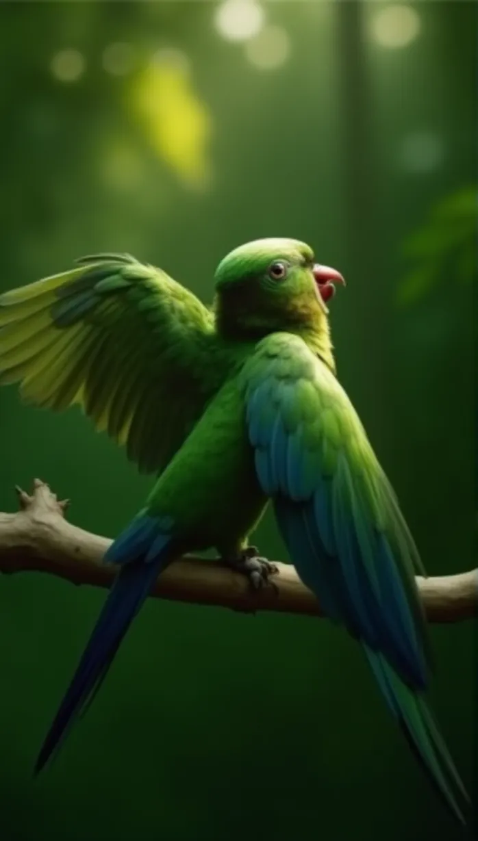 Image female parrot, green and blue feathers, looking away, perched on a branch, open wings, tempting, sensual, playful, dynamic pose, sunlight, jungle background, detailed feathers, masterpiece, best quality, 4k