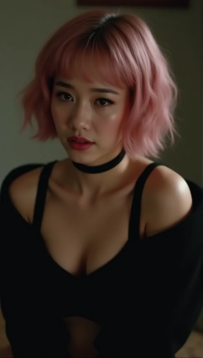 Image female, young_adult, short hair, pink hair, fair skin, busty, black outfit, low-cut top, choker, sad, looking away, leaning forward, hands clasped, indoor, soft lighting, detailed, masterpiece, best quality