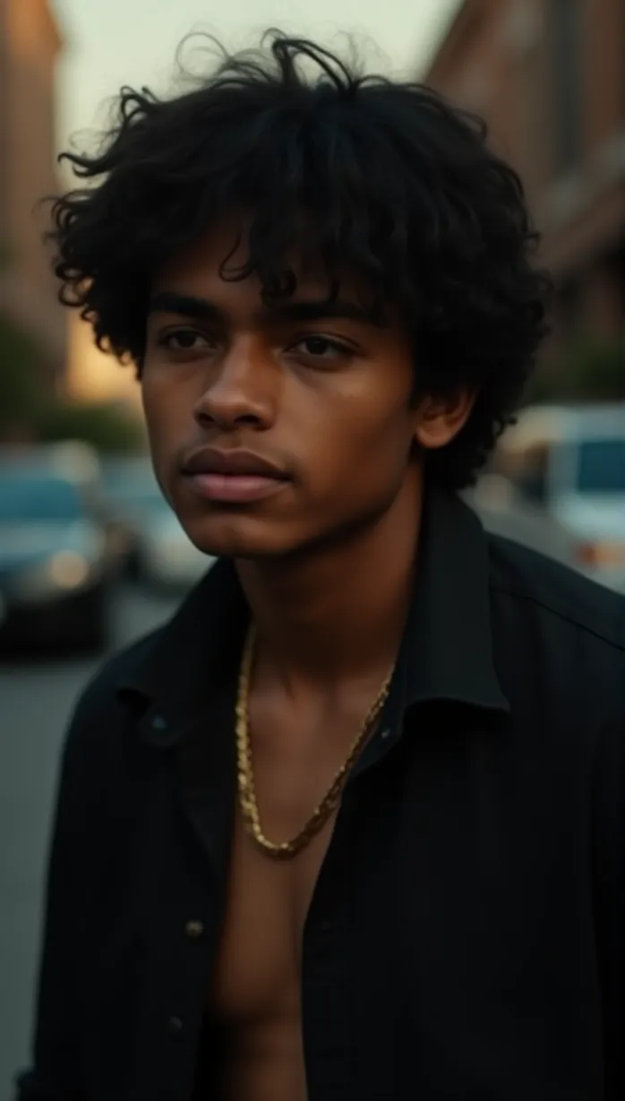 Image male, 15 years old, black hair, dark eyes, brown skin, athletic build, open black shirt, gold chain, looking away, longing, hand on chest, dramatic lighting, late afternoon, urban street, detailed, masterpiece, best quality
