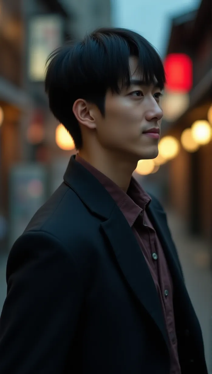 Image male focus on upper body, solo, 1boy, side view, looking away, seductive, tempting, alluring, mischievous smile, school uniform, police uniform, samurai armor, black hair, dark eyes, fair skin, strong build, dynamic pose, detailed background, dusk, street, yokai gathering, masterpiece, best quality, detailed