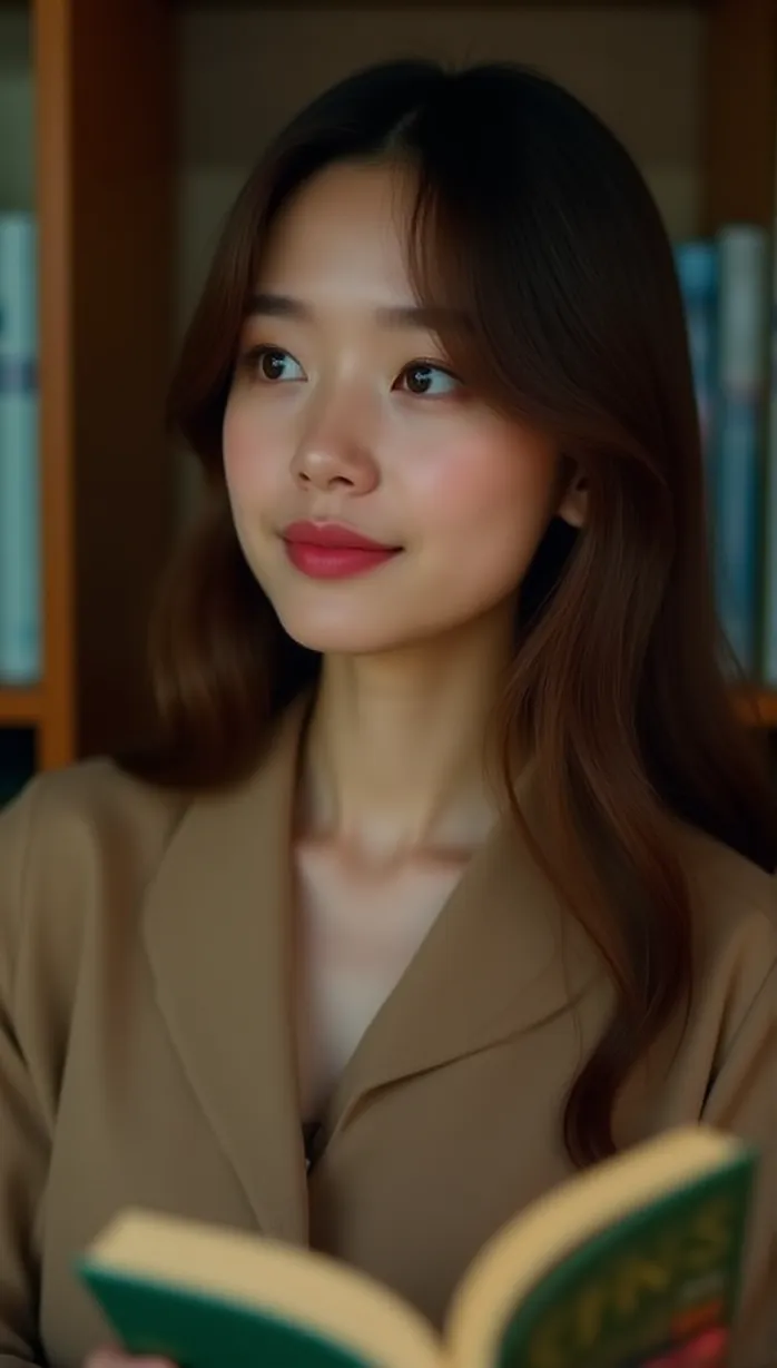 Image upper body, female, young adult, long hair, brown hair, green eyes, fair skin, slender build, bookstore owner, reading a book, enjoying the moment, shy smile, looking away, soft lighting, afternoon, bookstore, bookshelves, masterpiece, best quality, detailed