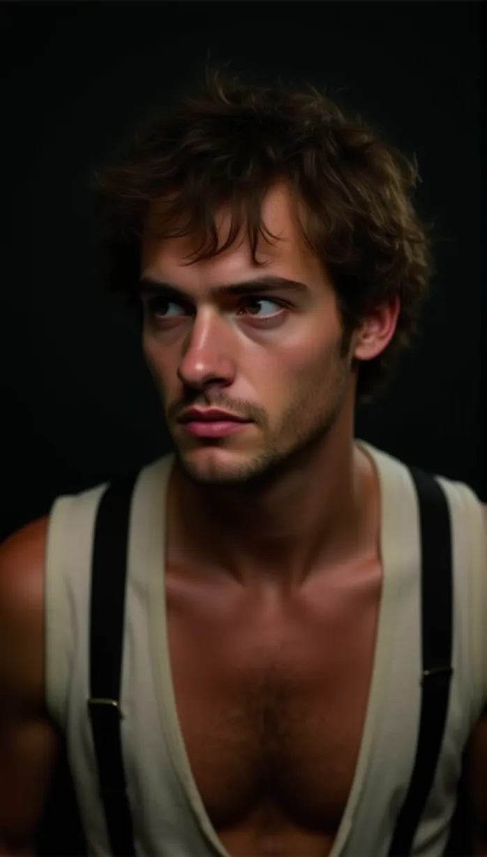 Image male, young adult, ruggedly handsome, messy brown hair, tired eyes, stubble, pale skin, shirtless, open vest, leather suspenders, reaching, looking away, dramatic lighting, shadows, dark background, masterpiece, best quality, detailed