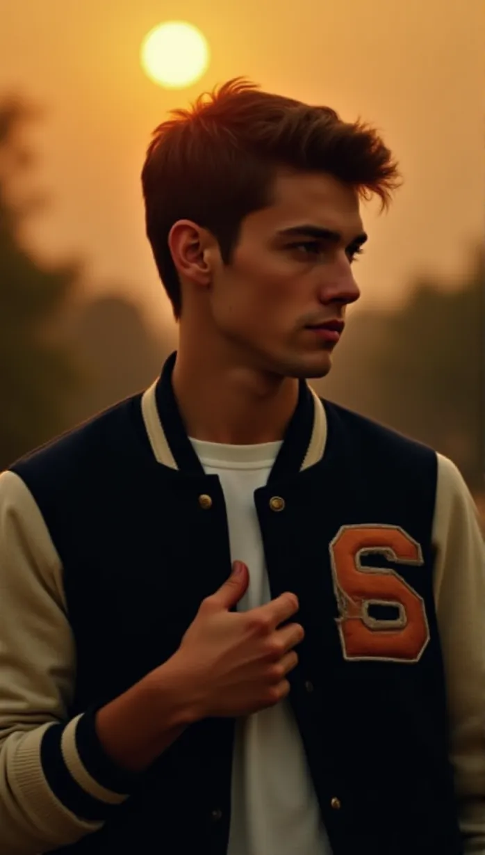 Image male, young adult, short hair, brown hair, blue eyes, fair skin, muscular build, frat boy outfit, letterman jacket, open, looking away, hand on chest, contemplating, sunset, golden hour, university campus, detailed, masterpiece, best quality