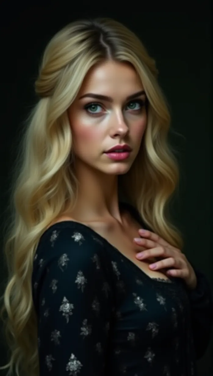 Image female, young_adult, long blonde hair, green eyes, pale skin, slender body, medieval dress, dark colors, mysterious, seductive, looking away, hand on chest, suggestive pose, soft lighting, indoor, detailed, masterpiece, best quality, cinematic lighting