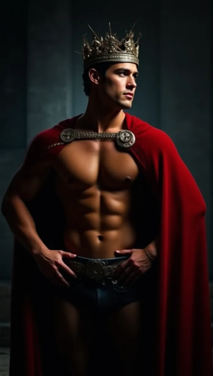 Image male, young adult, looking_away, muscular, red cloak, silvergold crown, authoritative, confident, hands_on_hips, night, castle, detailed, masterpiece, best quality, dynamic pose, dramatic lighting