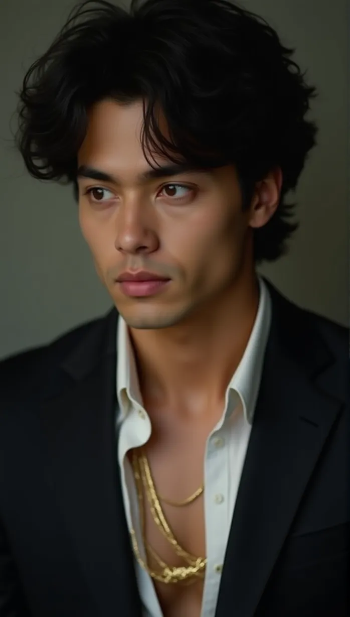 Image male, young_adult, seductive pose, upper body, looking away, messy hair, black hair, brown eyes, fair skin, muscular build, business suit, open shirt, gold chain, confident expression, tempting look, studio background, soft lighting, masterpiece, best quality, detailed