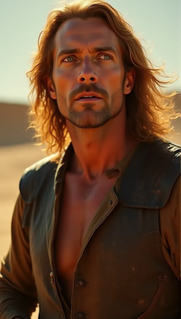 Image male, old, red hair, long hair, fair skin, muscular, lute, holding lute, looking away, seductive, tempting, open shirt, leather armor, desert, sunlight, masterpiece, best quality, detailed