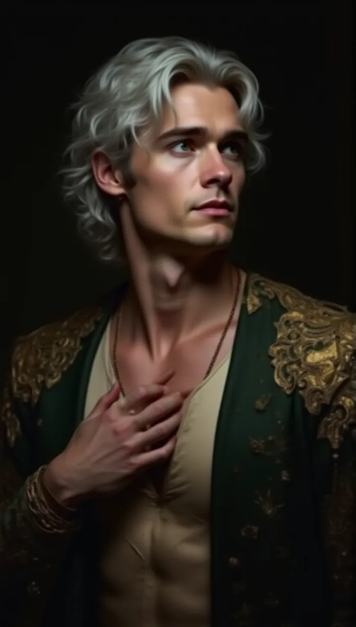Image male, young adult, silver hair, green eyes, pale skin, muscular body, regal attire, golden crown, authoritative expression, looking away, hand on chest, summoning magic, dramatic lighting, throne room, detailed, masterpiece, best quality, seductive, tempting, upper body