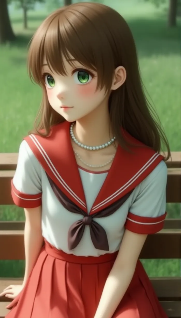 Image female, teen, long hair, brown hair, green eyes, pale skin, slender build, school uniform, skirt, blouse, red and white color scheme, pearl necklace, seductive smile, looking away, hand on chest, sitting on a bench, sunny day, park, detailed, masterpiece, best quality