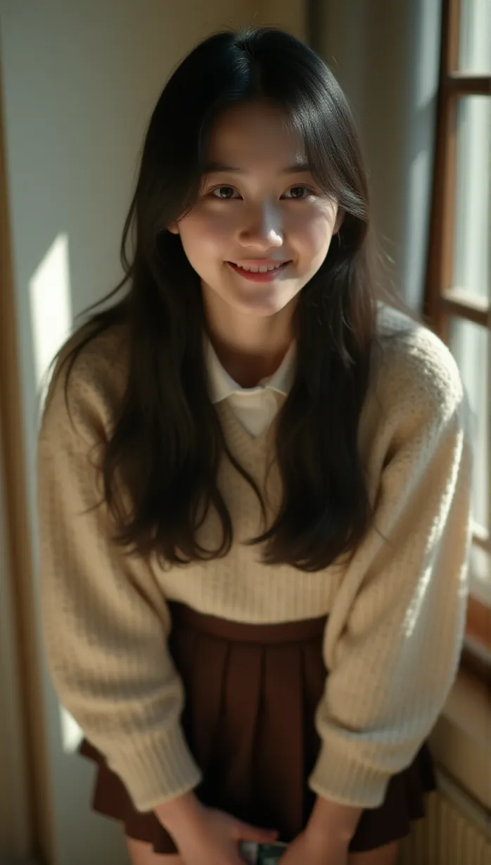 Image female, teen, long hair, black hair, brown eyes, fair skin, average build, sweater, pleated skirt, school uniform, holding phone, smiling, looking away, afternoon sunlight, indoor, apartment, detailed, masterpiece, best quality